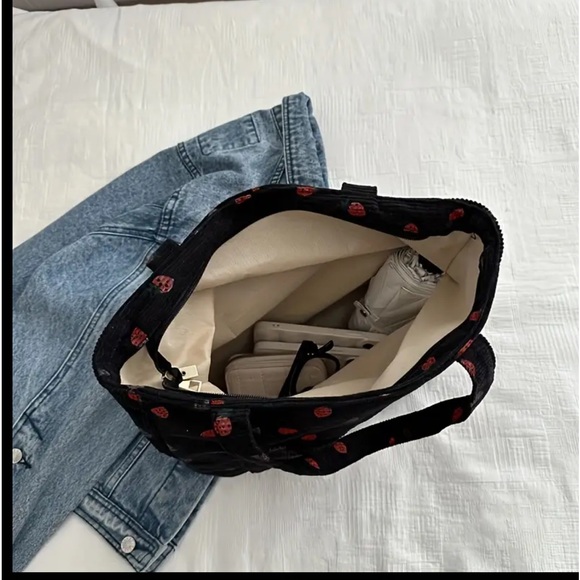 Cute Strawberry Pattern Tote Bag, Large Capacity Corduroy Shoulder Bag - Picture 2 of 6